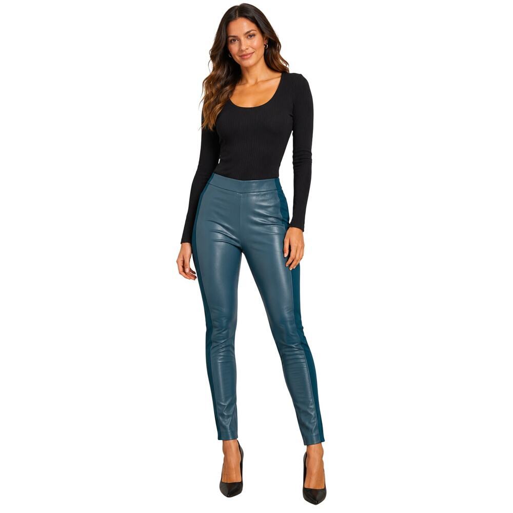 NWT Chicos 3T (XL TALL) teal faux leather mixed media jeggings stretch career